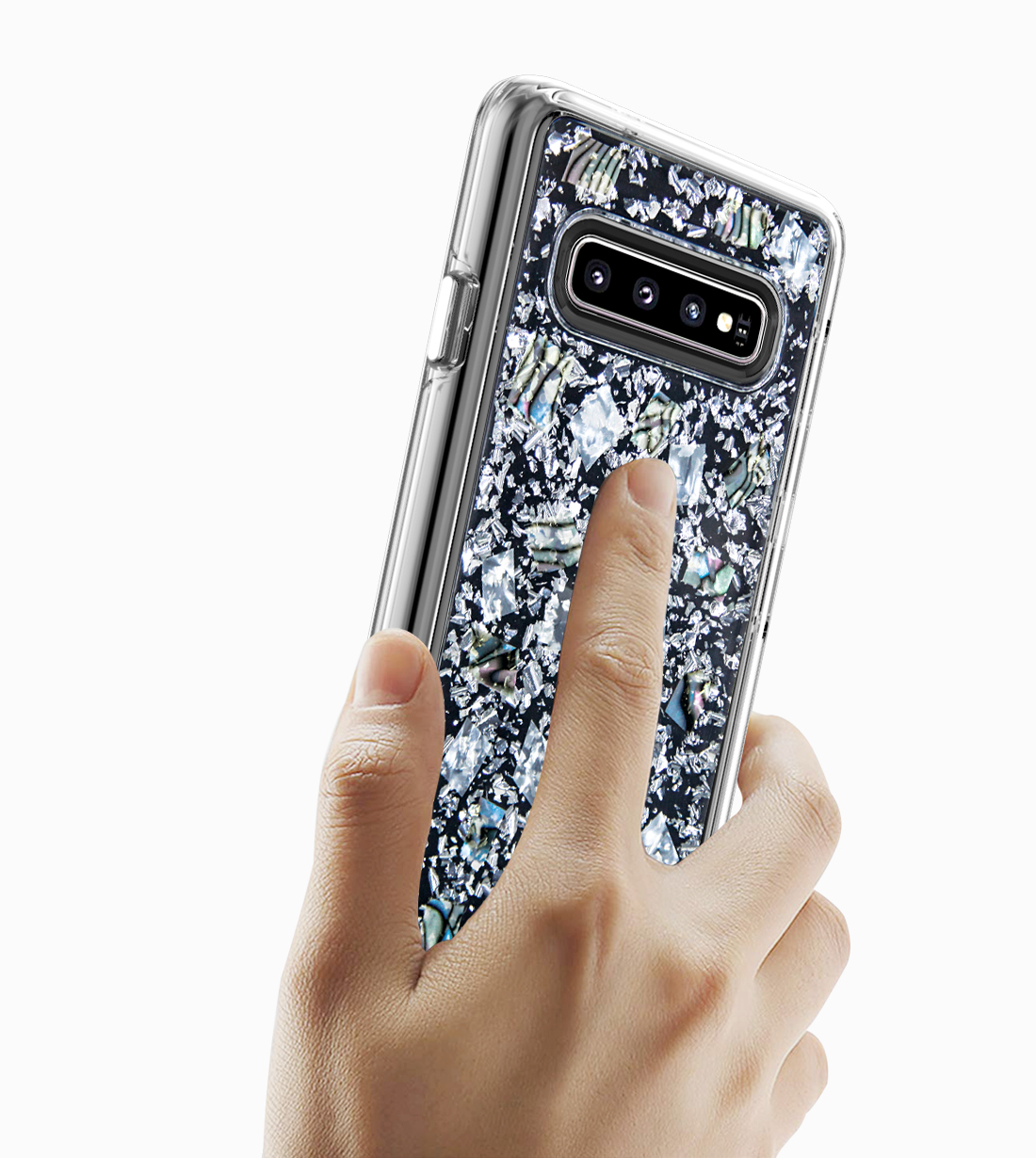 Galaxy S10+ (Plus) Luxury Glitter Dried Natural FLOWER Petal Clear Hybrid Case (Silver Pearl)